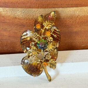Vintage Domed Prong Set Amber Colored Molded Givre Glass Rhinestone Brooch